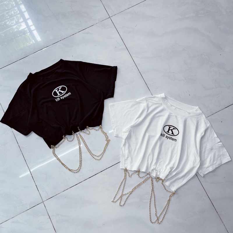 Áo Thun Tay Ngắn CROPTOP PHỐI XÍCH IN CHỮ ,Sành Điệu Cá Tính, Thương Thương Shop