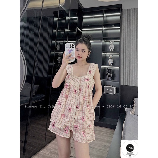 Bộ Hai Dây Viền Ren Mặc Nhà Chất Đũi Xước Siêu Mát Mã TO144