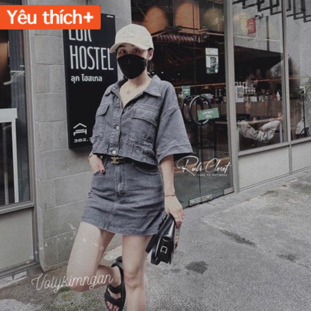 Bộ bò nữ áo cổ bẻ tay lỡ mix chân váy có quần chống lộ, Set jeans nữ tay lỡ chân váy ngắn có quần trong