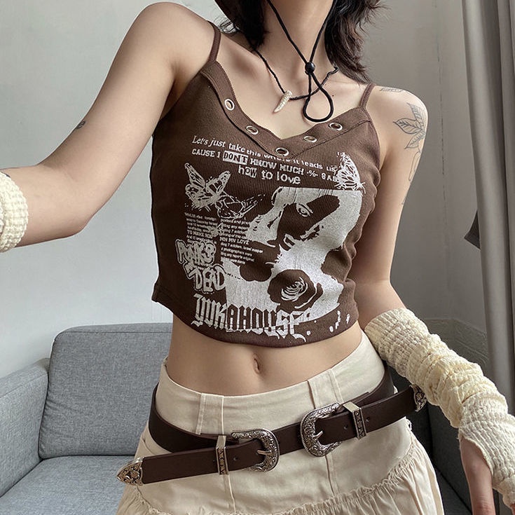 Áo Hai Dây Mỏng Mùa Hè Ôm Dáng Vừa Vặn Không Tay In Họa Tiết Retro Mỹ Màu Trơn Hợp Thời Trang Cho Nữ