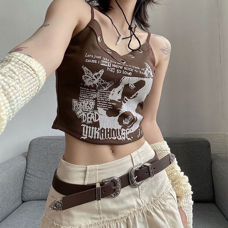 Áo Hai Dây Mỏng Mùa Hè Ôm Dáng Vừa Vặn Không Tay In Họa Tiết Retro Mỹ Màu Trơn Hợp Thời Trang Cho Nữ