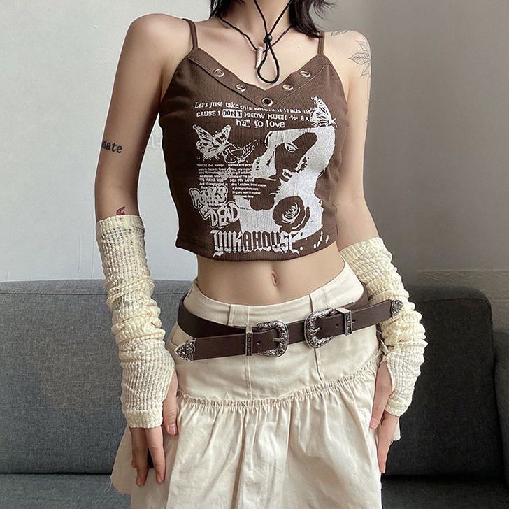 Áo Hai Dây Mỏng Mùa Hè Ôm Dáng Vừa Vặn Không Tay In Họa Tiết Retro Mỹ Màu Trơn Hợp Thời Trang Cho Nữ