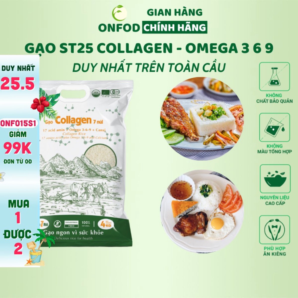 Gạo ST25 Collagen Omega 369 ONFOD ăn kiêng giảm cân chống lão hóa cho người tiểu đường, gạo lứt đen eat clean 4kg