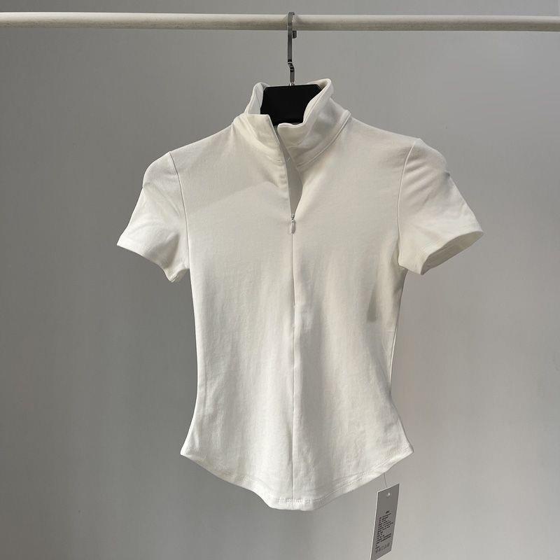Áo Thun Ngắn Tay Cổ Tròn Phối Khóa Kéo Phong Cách Châu Âu Thời Trang Cho Nữ
