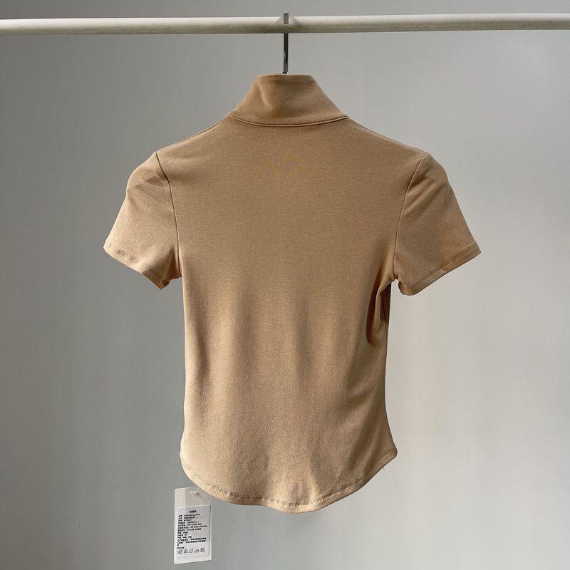Áo Thun Ngắn Tay Cổ Tròn Phối Khóa Kéo Phong Cách Châu Âu Thời Trang Cho Nữ