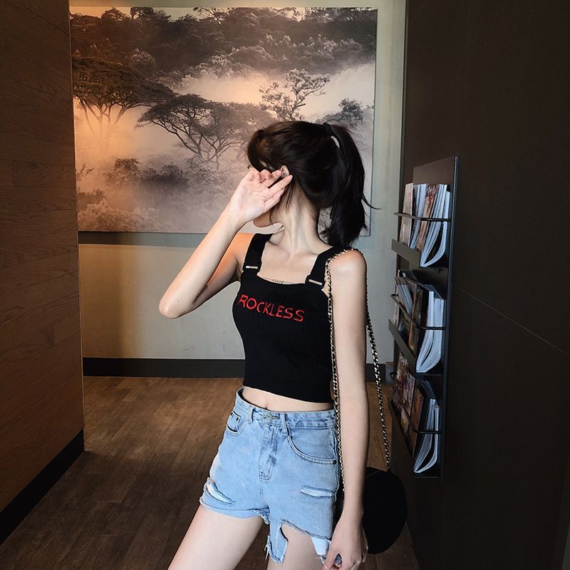 Áo Hai Dây Thêu Chữ Màu Đen Quyến Rũ Thời Trang Mùa Hè Cho Nữ