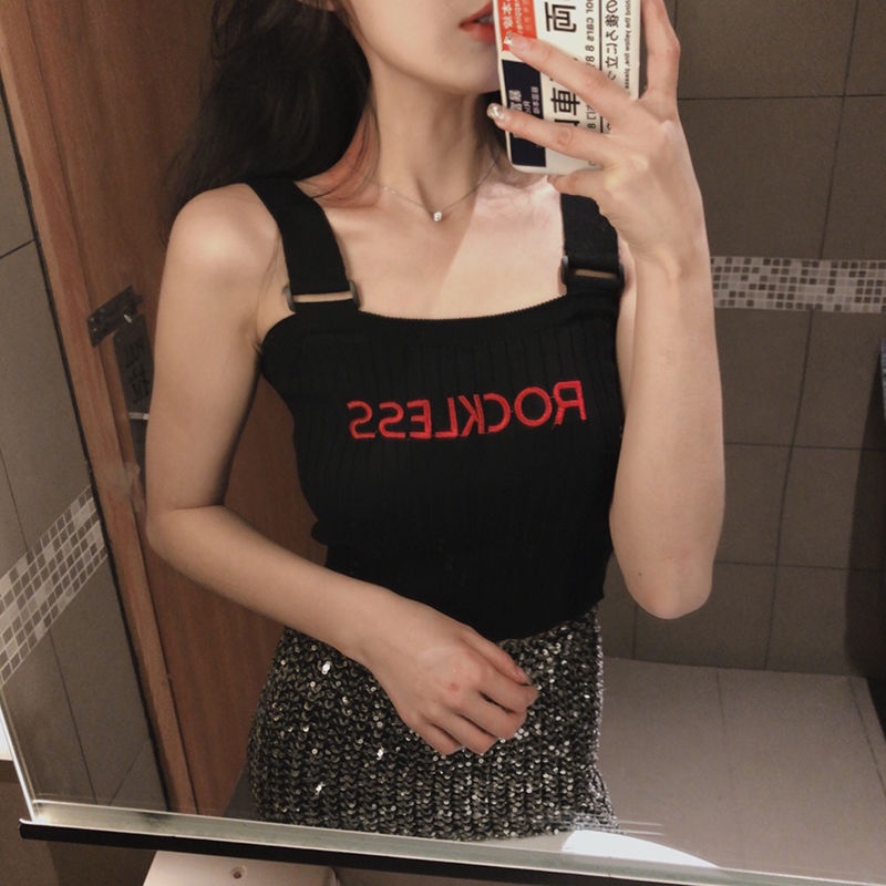 Áo Hai Dây Thêu Chữ Màu Đen Quyến Rũ Thời Trang Mùa Hè Cho Nữ