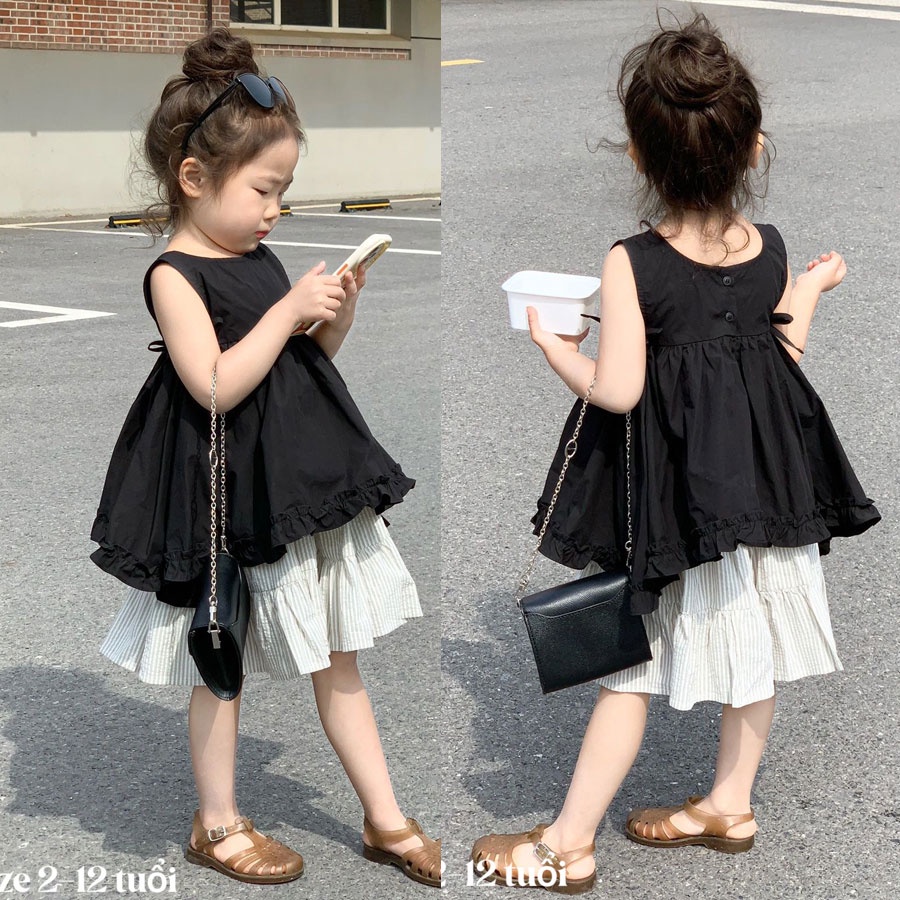 Bộ váy liền quần kiểu độc lạ xinh xắn cho bé gái áo đen chân váy sọc kem