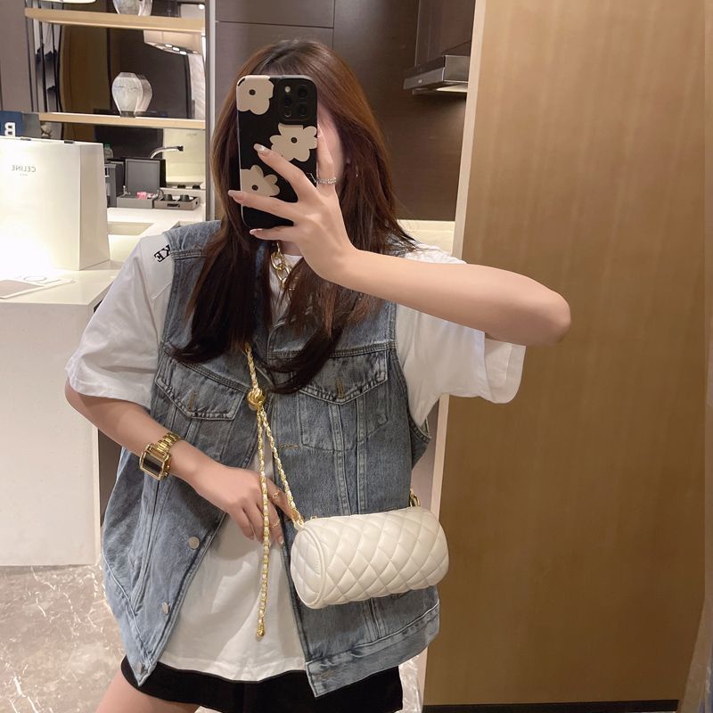 Túi Xách Đeo Vai Hình Trụ Nhỏ Dây Xích Vàng Kim Hình Lưới Kim Cương niche Nghiêng p Cho Nữ