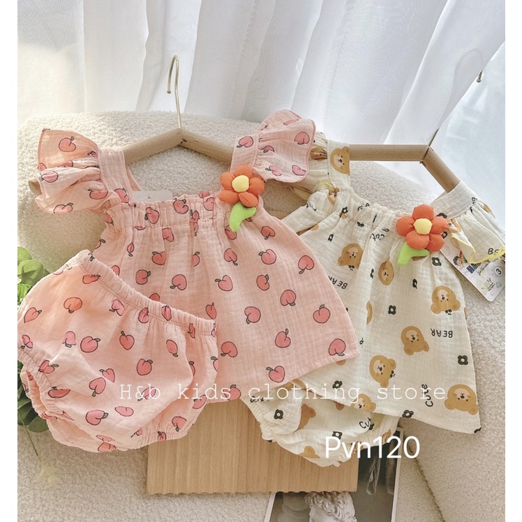 Bộ xô cánh tiên đính hoa ngực, chất liệu xô muslin cao cấp cực xinh cho bé gáie