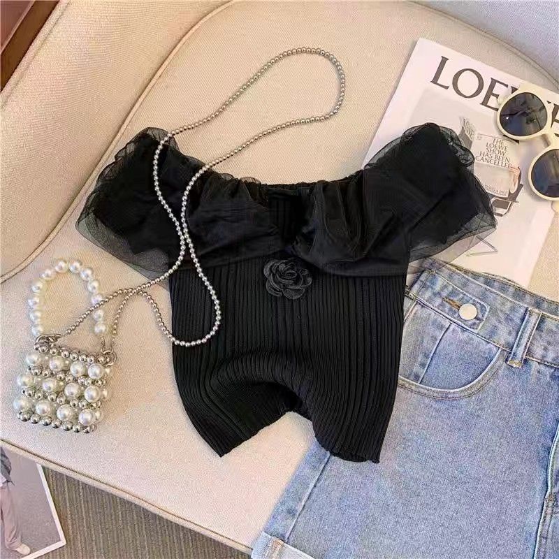 Jiashucheng Áo Dệt Kim Tay Ngắn Cổ Một Đường Viền Ren Phong Cách Pháp Thời Trang Mùa Hè 2023 Thiết Kế Ngọt Ngào Dành Cho Bạn Nữ