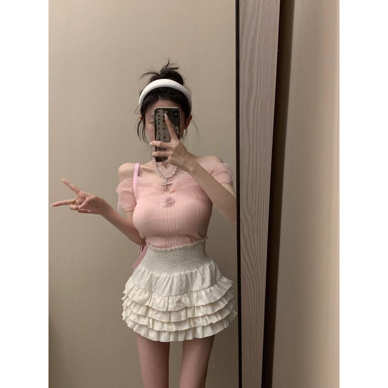 Jiashucheng Áo Dệt Kim Tay Ngắn Cổ Một Đường Viền Ren Phong Cách Pháp Thời Trang Mùa Hè 2023 Thiết Kế Ngọt Ngào Dành Cho Bạn Nữ