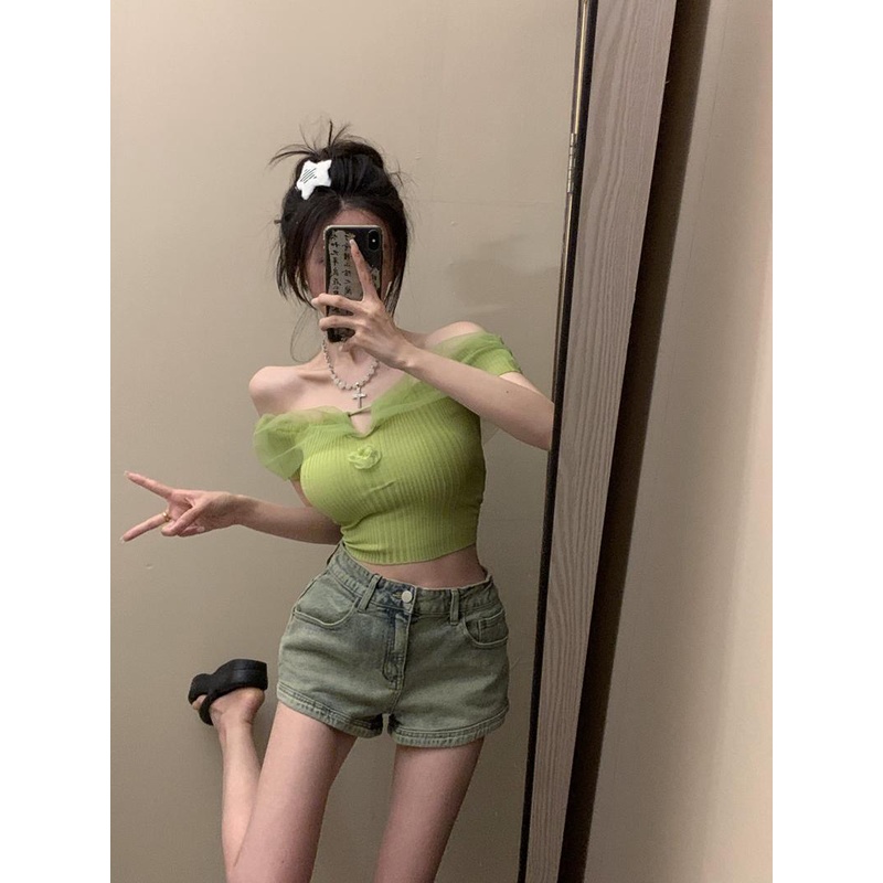 Jiashucheng Áo Dệt Kim Tay Ngắn Cổ Một Đường Viền Ren Phong Cách Pháp Thời Trang Mùa Hè 2023 Thiết Kế Ngọt Ngào Dành Cho Bạn Nữ