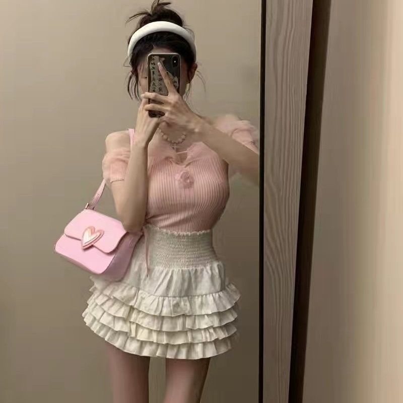 Jiashucheng Áo Dệt Kim Tay Ngắn Cổ Một Đường Viền Ren Phong Cách Pháp Thời Trang Mùa Hè 2023 Thiết Kế Ngọt Ngào Dành Cho Bạn Nữ