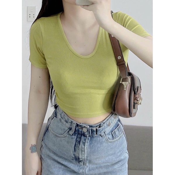 Áo thun croptop nữ cổ tim chất gân đẹp