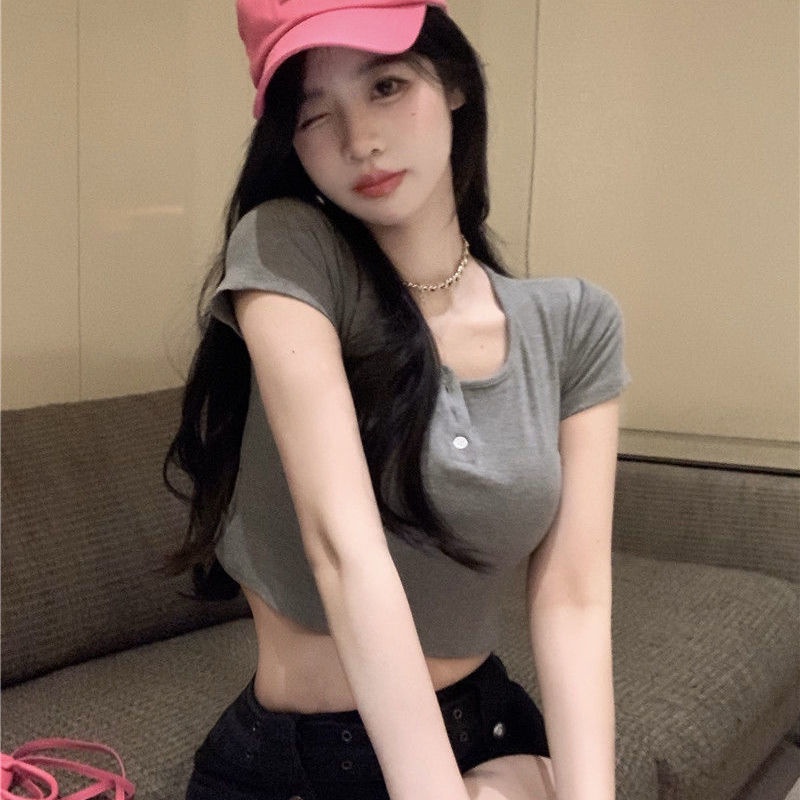 Áo Thun Ngắn Tay Màu Xám Phong Cách Hàn Quốc Mẫu Mới 2023 Thời Trang Mùa Hè Cho Nữ