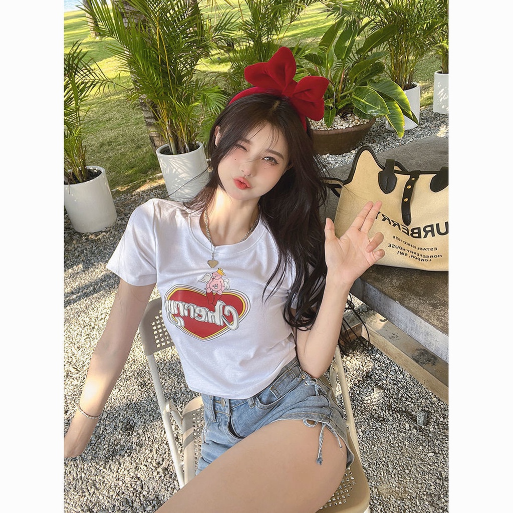 Jiashucheng Áo Thun Ngắn Tay Cổ Tròn Hở Rốn Ôm Dáng In Họa Tiết Hoạt Hình Thời Trang Mùa Hè Cho Nữ