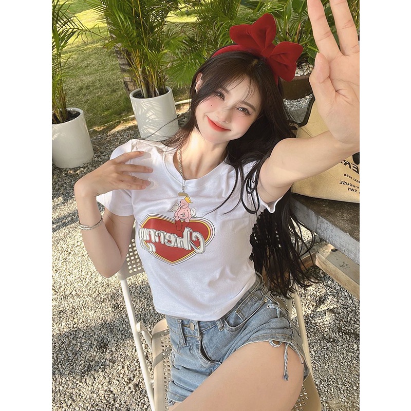 Jiashucheng Áo Thun Ngắn Tay Cổ Tròn Hở Rốn Ôm Dáng In Họa Tiết Hoạt Hình Thời Trang Mùa Hè Cho Nữ