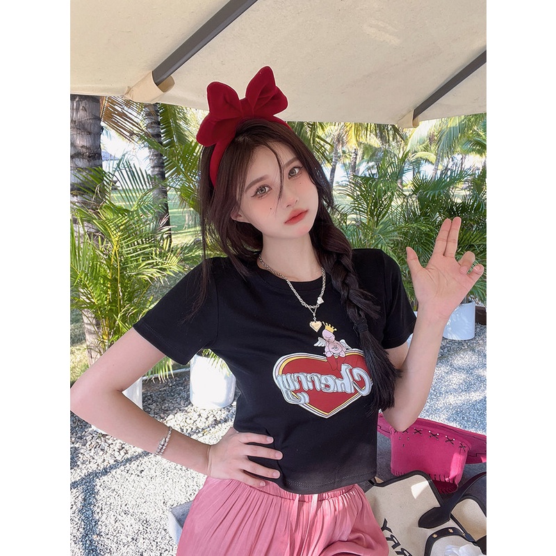 Jiashucheng Áo Thun Ngắn Tay Cổ Tròn Hở Rốn Ôm Dáng In Họa Tiết Hoạt Hình Thời Trang Mùa Hè Cho Nữ