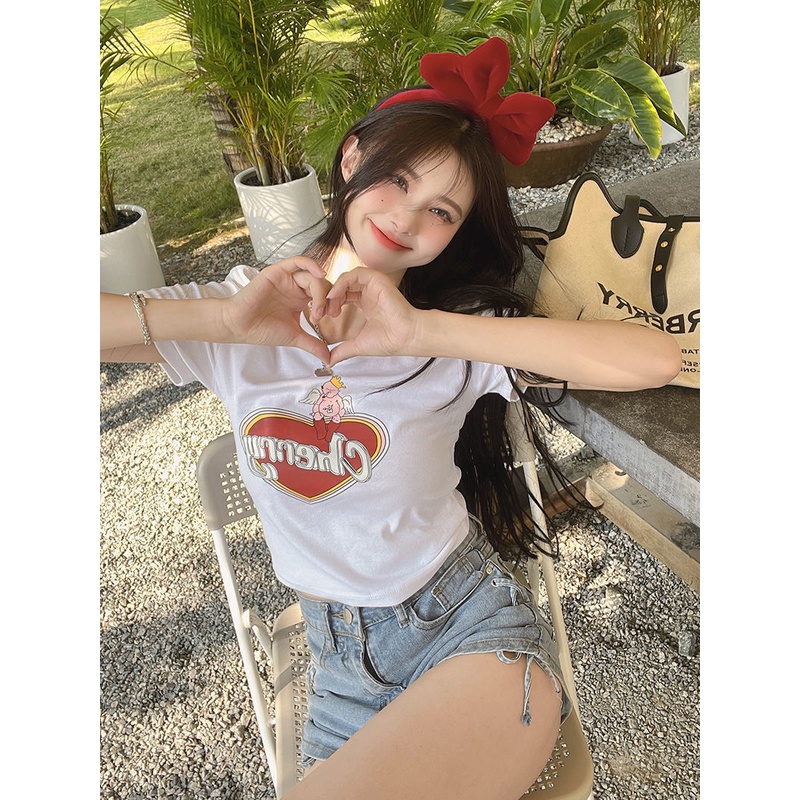 Jiashucheng Áo Thun Ngắn Tay Cổ Tròn Hở Rốn Ôm Dáng In Họa Tiết Hoạt Hình Thời Trang Mùa Hè Cho Nữ