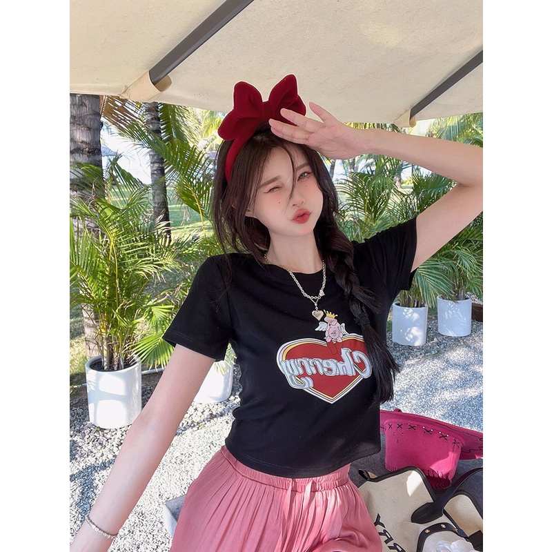 Jiashucheng Áo Thun Ngắn Tay Cổ Tròn Hở Rốn Ôm Dáng In Họa Tiết Hoạt Hình Thời Trang Mùa Hè Cho Nữ