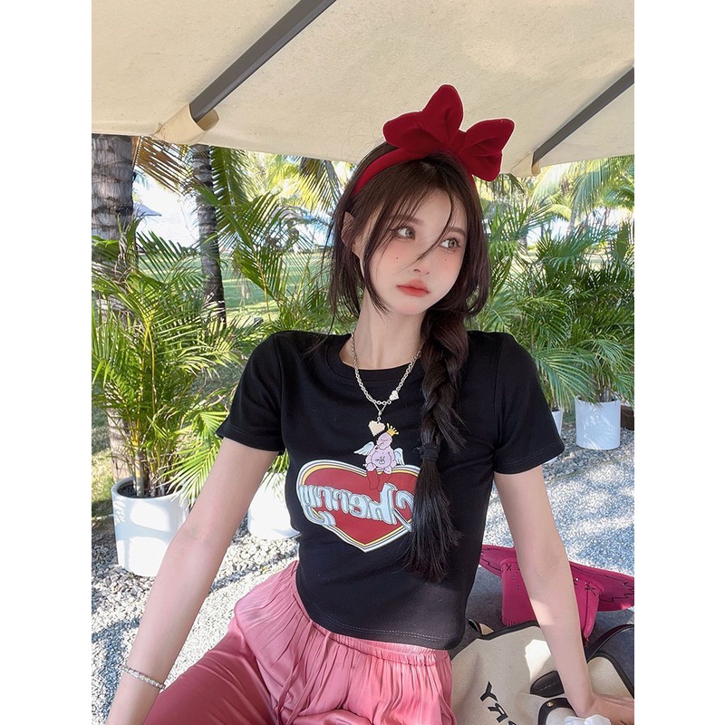 Jiashucheng Áo Thun Ngắn Tay Cổ Tròn Hở Rốn Ôm Dáng In Họa Tiết Hoạt Hình Thời Trang Mùa Hè Cho Nữ