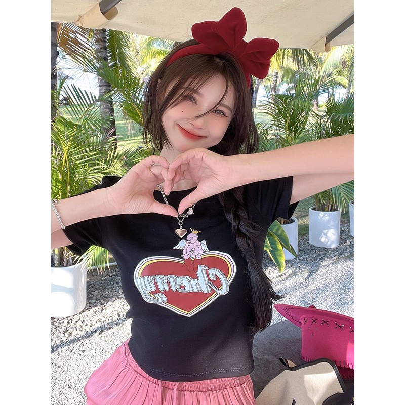 Jiashucheng Áo Thun Ngắn Tay Cổ Tròn Hở Rốn Ôm Dáng In Họa Tiết Hoạt Hình Thời Trang Mùa Hè Cho Nữ