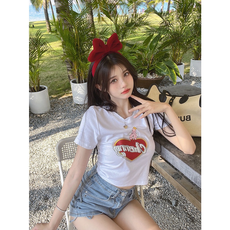 Jiashucheng Áo Thun Ngắn Tay Cổ Tròn Hở Rốn Ôm Dáng In Họa Tiết Hoạt Hình Thời Trang Mùa Hè Cho Nữ