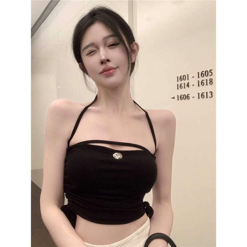 Jiashucheng Áo Hai Dây Ngắn Ôm Dáng Rút Dây Màu Đen Trơn Phong Cách Desire Quyến Rũ Mặc Ngoài Mùa Hè Cho Nữ