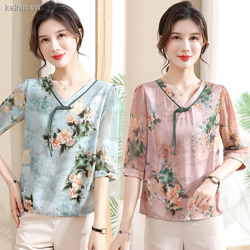 Áo Sơ Mi chiffon Tay Lửng Giả Lụa Thời Trang Mùa Hè Cho Phụ Nữ Trung Niên Và Người Lớn Tuổi
