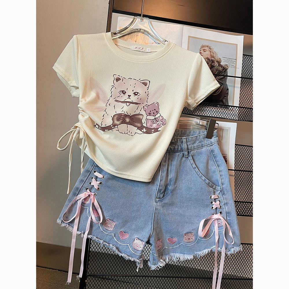 Jiashucheng Tits Quần Jean Dáng Rộng Thắt Nơ Thời Trang Mùa Hè Dễ Phối Đồ Cho Nữ Sinh @ -