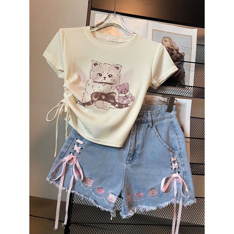 Jiashucheng Tits Quần Jean Dáng Rộng Thắt Nơ Thời Trang Mùa Hè Dễ Phối Đồ Cho Nữ Sinh @ -