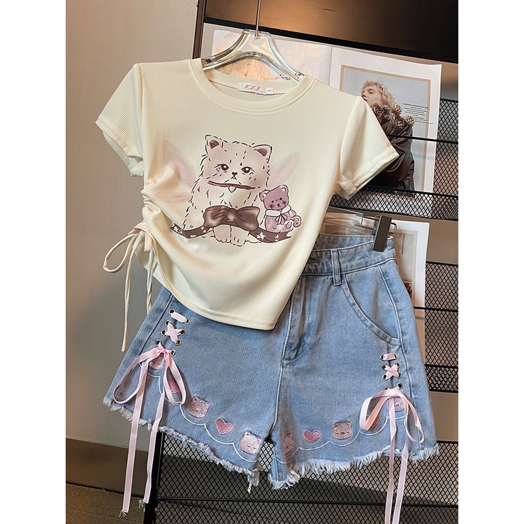 Jiashucheng Tits Quần Jean Dáng Rộng Thắt Nơ Thời Trang Mùa Hè Dễ Phối Đồ Cho Nữ Sinh @ -