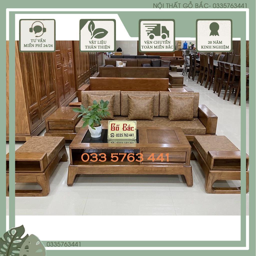Ghế sofa gỗ kiểu dáng hiện đại kích thước ghế dài 2m3 kèm bàn và đôn di động, ảnh thật và video shop tự chụp