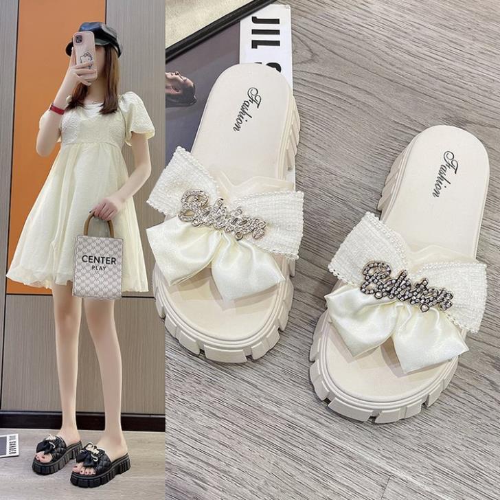Dép quai ngang dép nữ nơ chữ độn đế răng cưa siêu chat