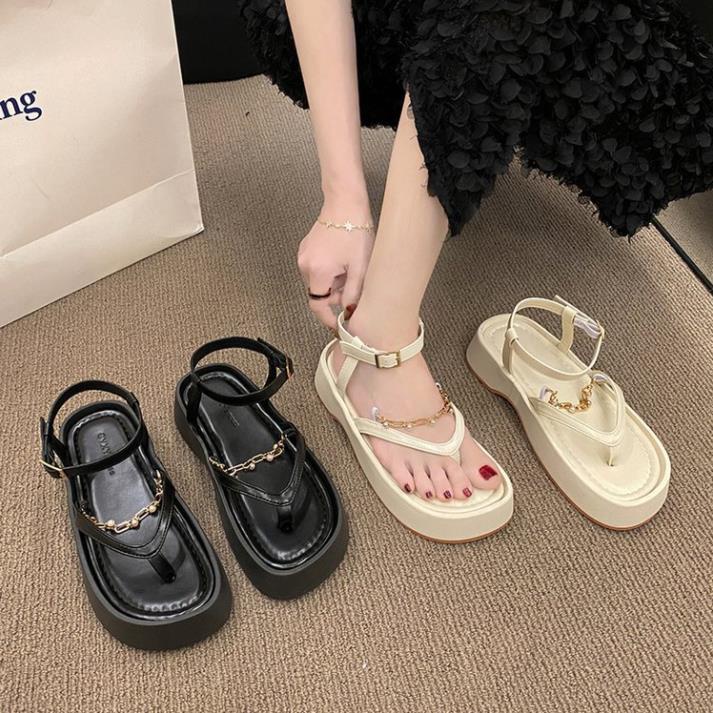 Sandal Nữ Dép Quai Ngang Dây Xích Độn Đế Cao Cấp Full Boxx Sang Chảnh