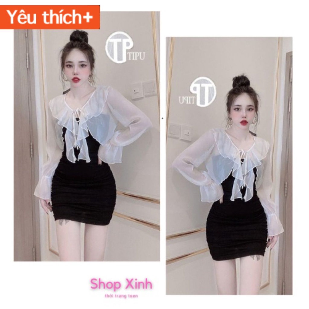 Set 2 món Váy 2S body zip mix áo voan tơ bèo khoác ngoài tiểu thư phong cách Hàn Quốc
