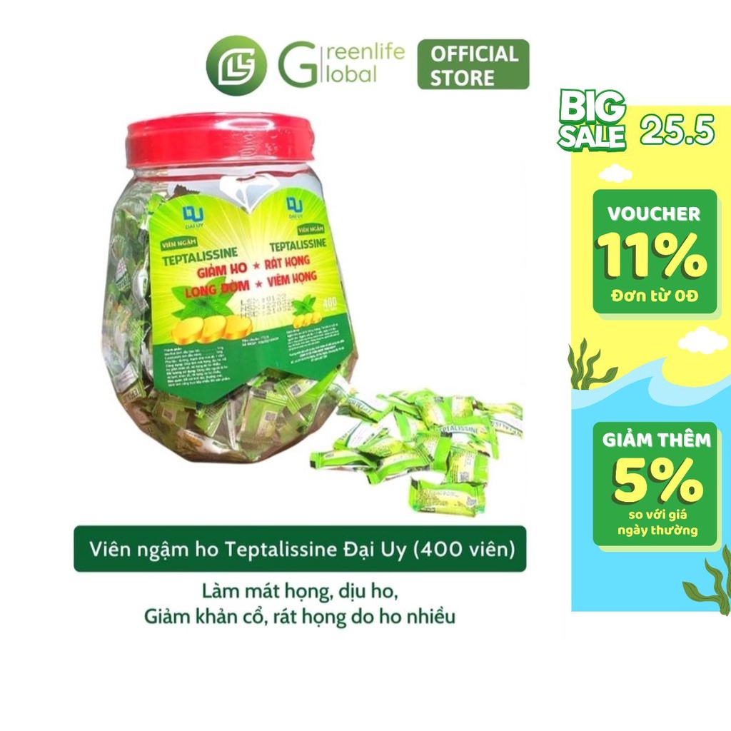 Viên ngậm giảm ho TEPTALISSINE Đại Uy - Giảm đau rát họng, ho có đờm, khản tiếng - Hộp 200/400 viên