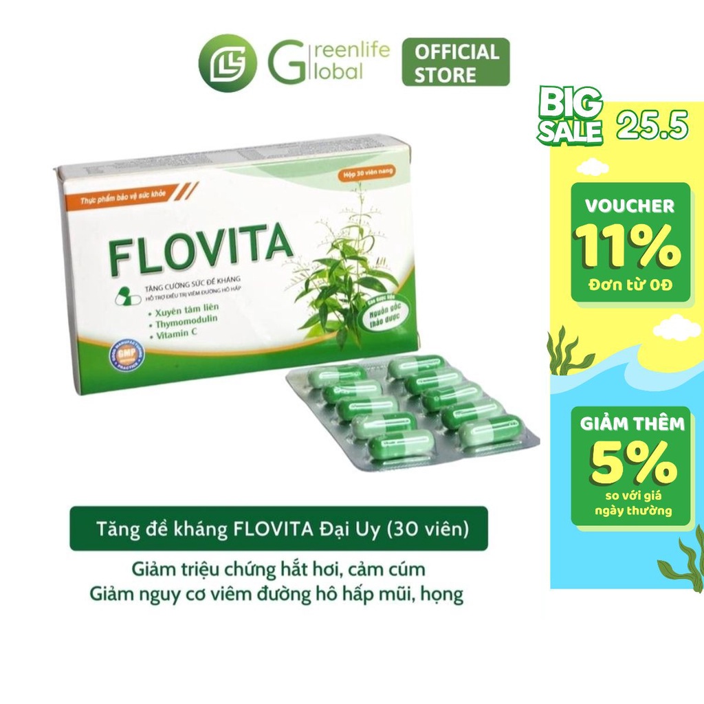 Viên uống cảm cúm Xuyên Tâm Liên FLOVITA Đại Uy - hỗ trợ giảm viêm hô hấp, tăng sức đề kháng (hộp 30 viên)