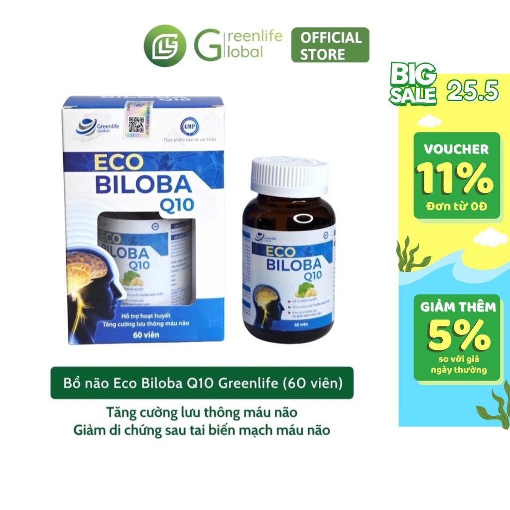Viên uống bổ não GrnLife Eco Biloba Q10 Ginkgo 240mg - Lưu thông, tuần hoàn máu não (60 viên nang mềm)