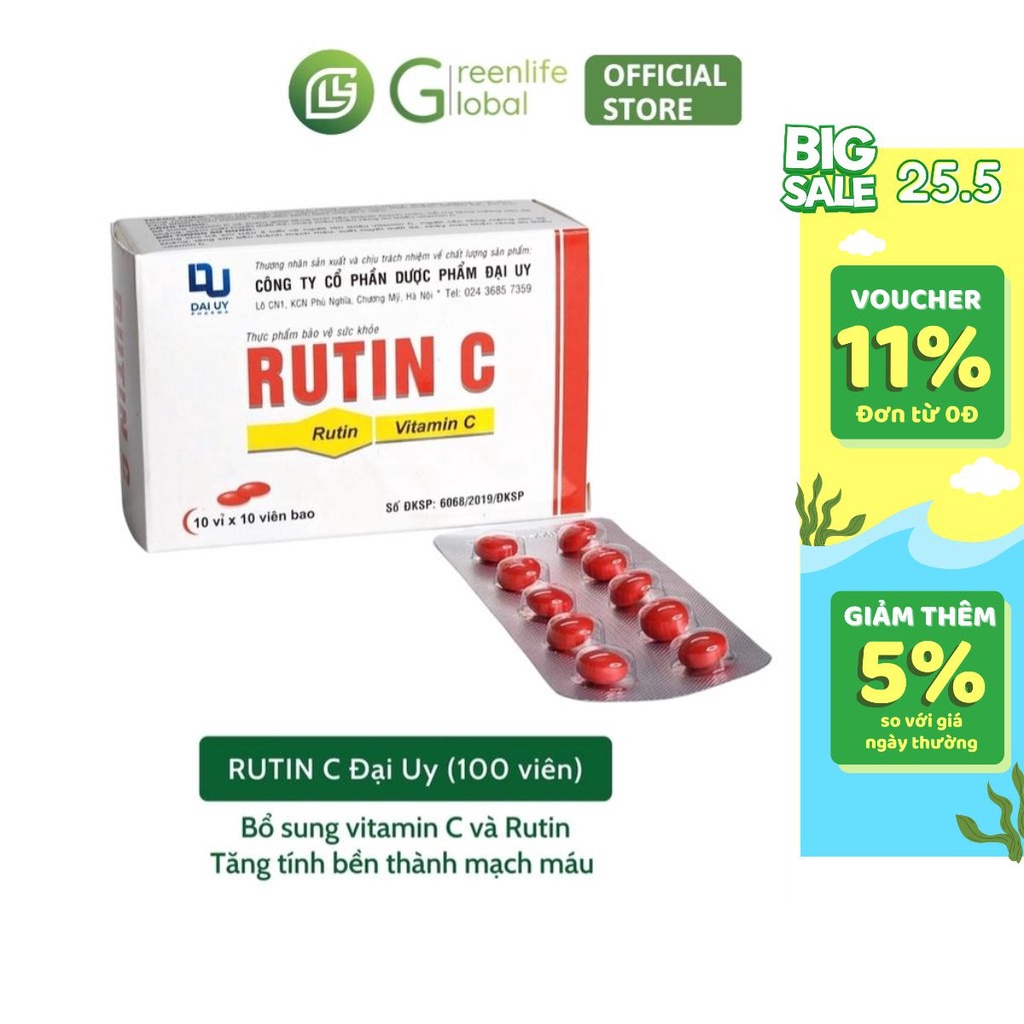 Rutin C Đại Uy 100 viên - Bổ sung vitamin C, rutin, tăng cường bền mạch máu, giảm chảy máu chân răng, xuất huyết