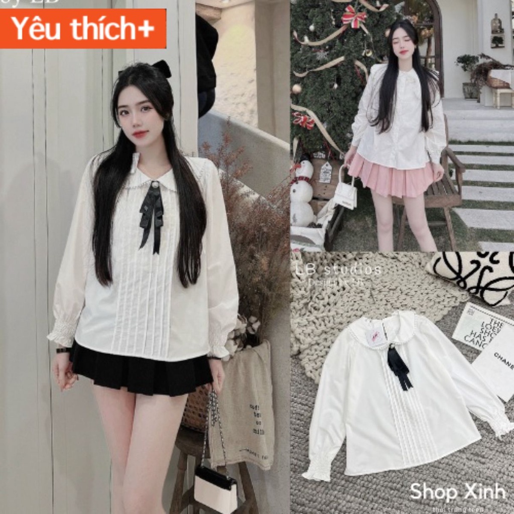 Áo sơ mi cổ bèo viền ngọc tay chun đính nơ ngọc đen phong cách Hàn Quốc