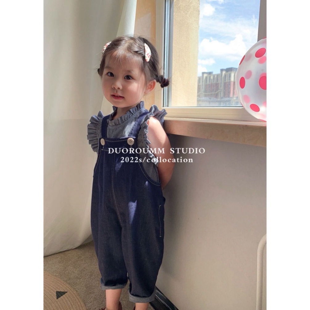 Áo Liền Quần Denim Dáng Rộng Cho Bé Gái Thời Trang Mùa Hè Phong Cách Hàn Quốc 2023