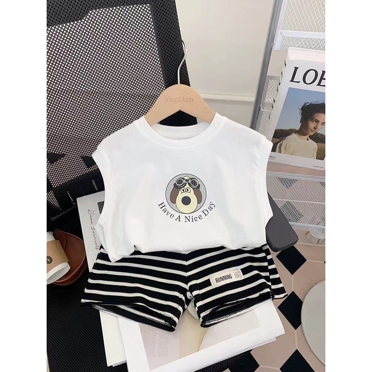 Bộ Áo Thun Ba Lỗ + Quần Short Kẻ Sọc In Hoạt Hình Dễ Thương Thời Trang Mùa Hè 2023 Cho Bé
