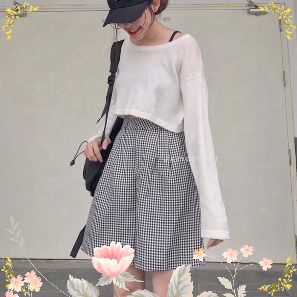 Set Nữ Áo Croptop Trắng Kèm Quần Short Caro Kẻ Ô - Bộ Nữ Áo Ngắn Tay Dài Kèm Quần Đùi Ống Rộng Kẻ - Sp sẵn 👗