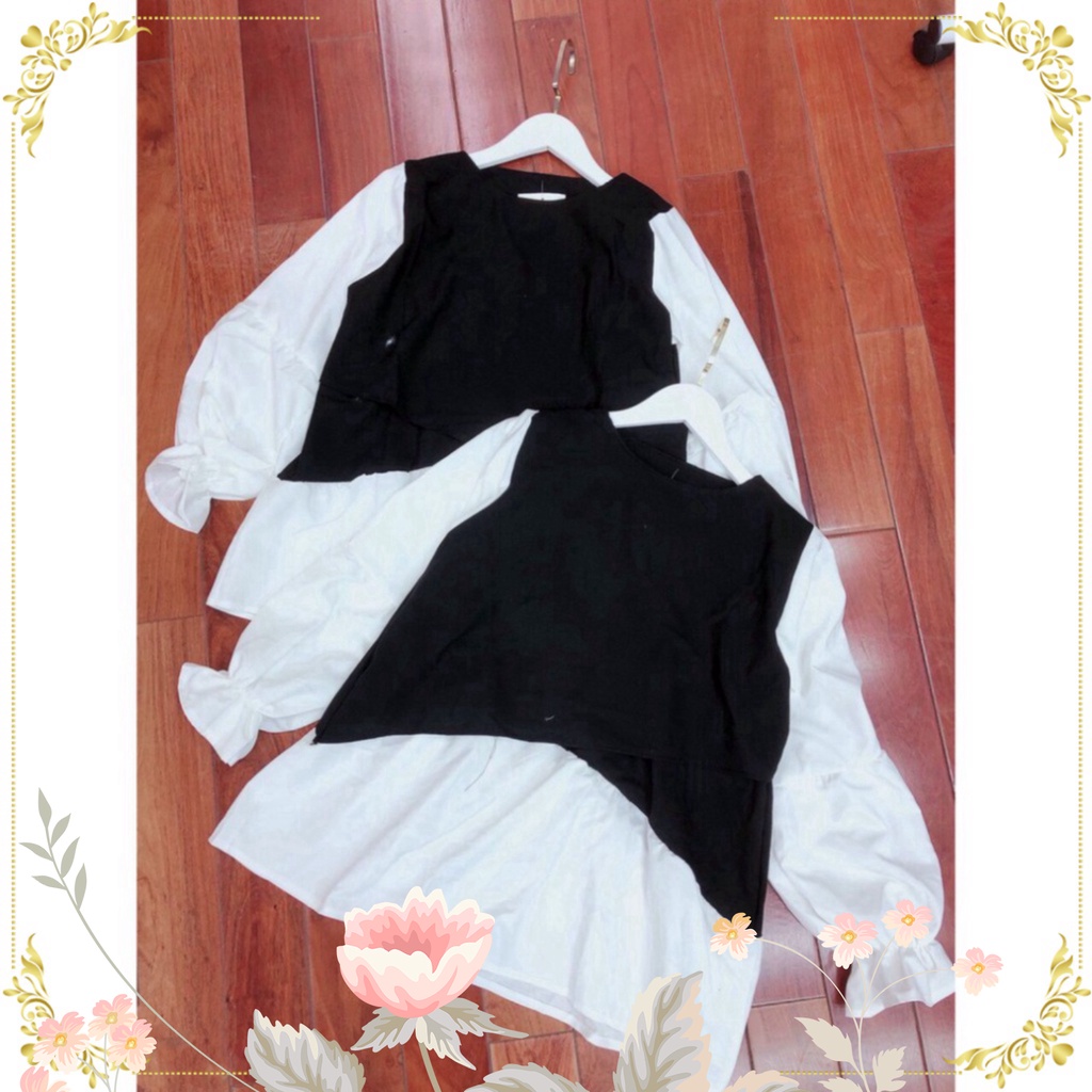 {SP mới - sẵn} - Áo Babydoll Tay Bồng Bo Chun Vạt Lệch Kiểu Dáng Tiểu Thư - Áo Baby Doll Pha Đen Trắng Tay Loe Chất Thô