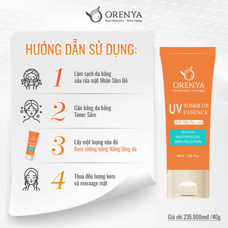 Kem chống nắng nâng Tông  ORENYA giúp chống nắng che mờ các khuyến điển thấm nhanh không bết rít không ngột da