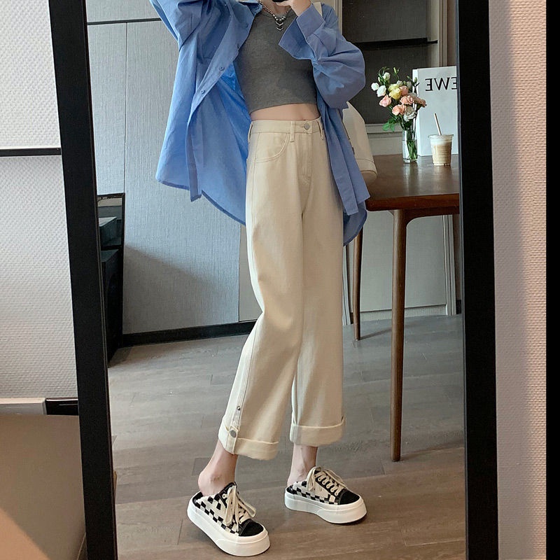 Jiashucheng Quần Jean Dài Tới Mắt Cá Chân Dáng Rộng Lưng Cao Phong Cách Xuân Thu 2023 Mới Cho Nữ