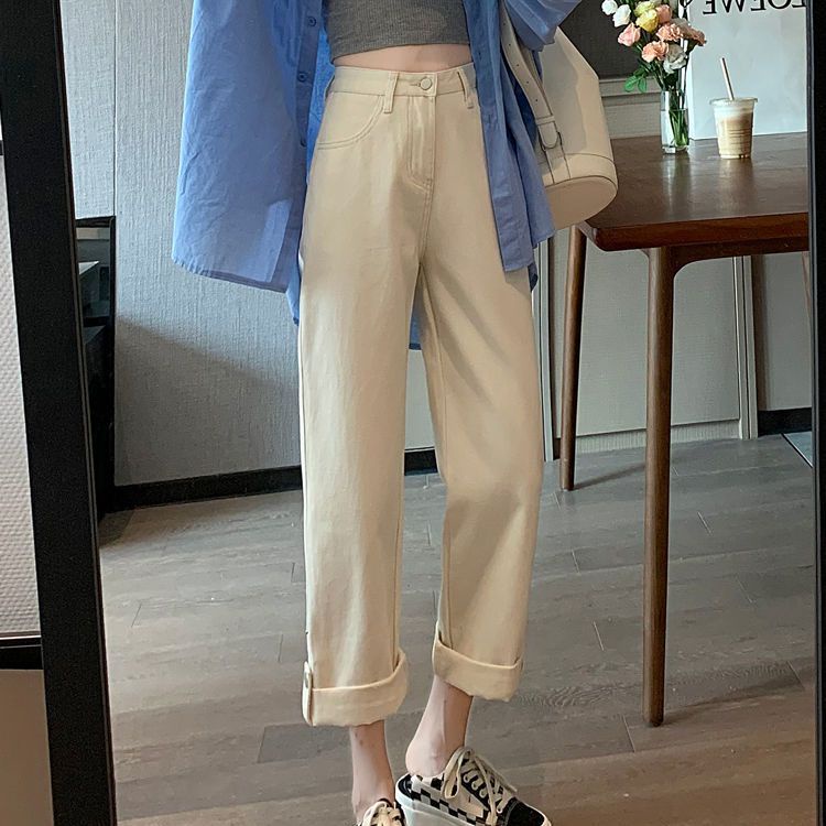 Jiashucheng Quần Jean Dài Tới Mắt Cá Chân Dáng Rộng Lưng Cao Phong Cách Xuân Thu 2023 Mới Cho Nữ