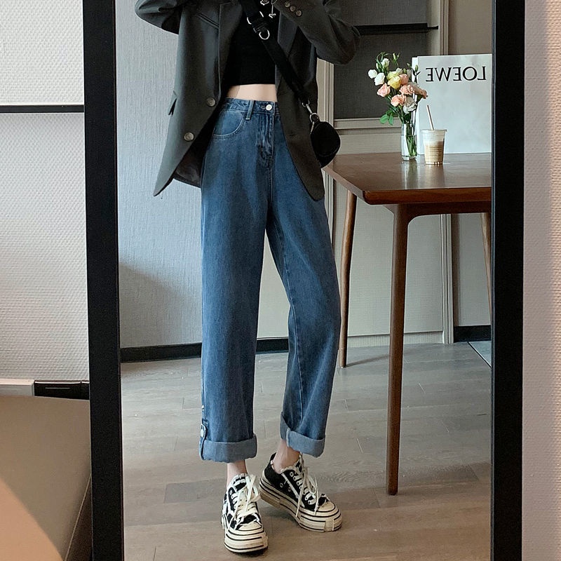 Jiashucheng Quần Jean Dài Tới Mắt Cá Chân Dáng Rộng Lưng Cao Phong Cách Xuân Thu 2023 Mới Cho Nữ